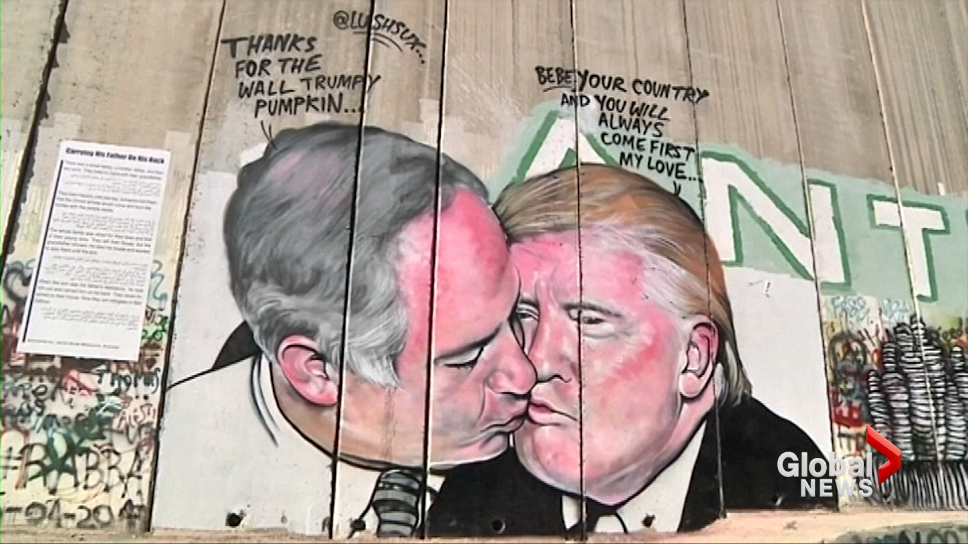 Graffiti artist paints Trump, Netanyahu kissing on West Bank wall mural in Bethlehem
